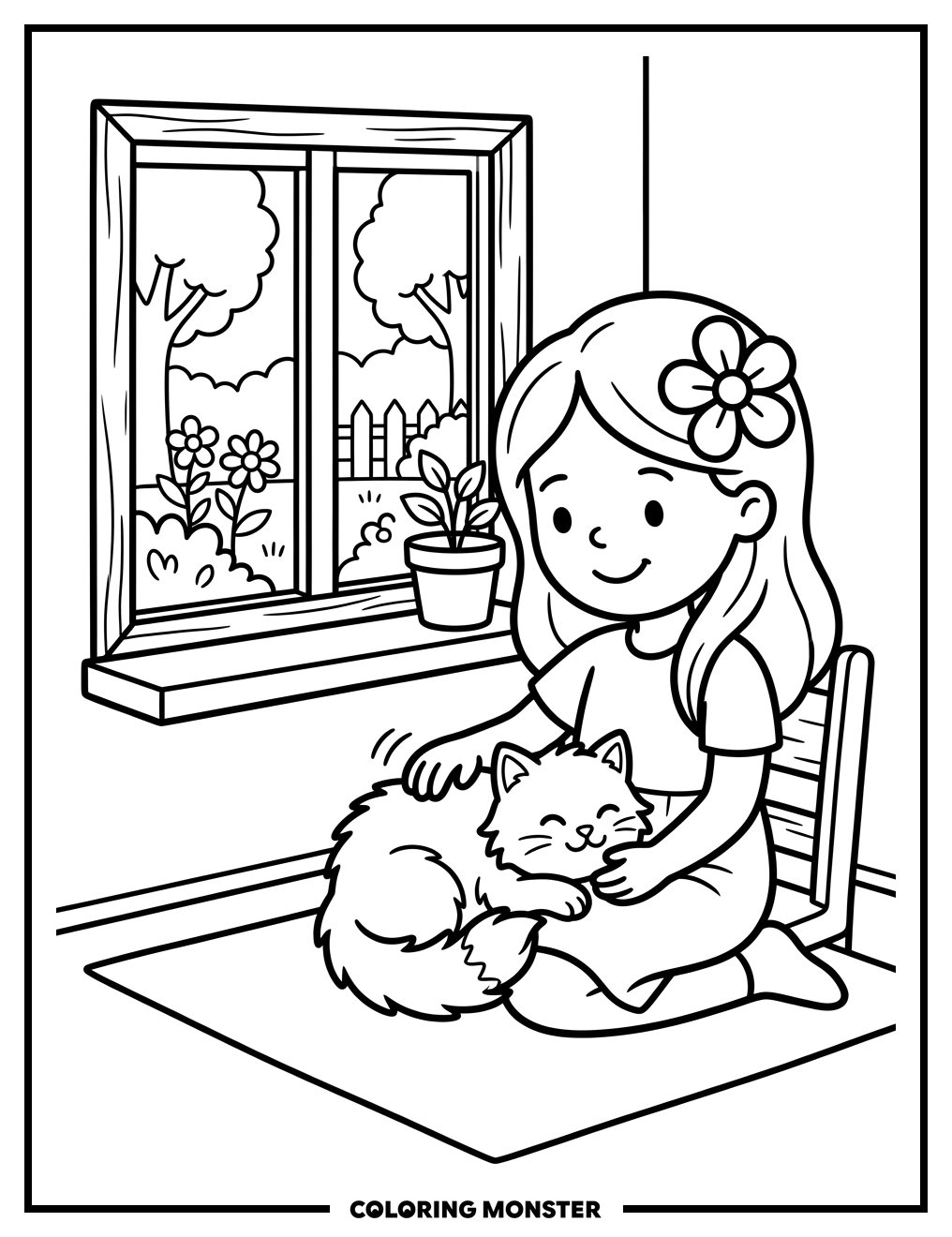 Girl Petting Fluffy Cat Coloring Page