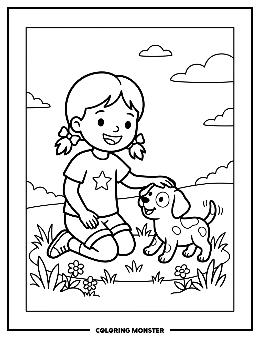 Girl Petting Puppy On Grass Coloring Page