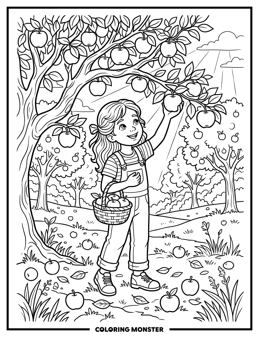 Girl Picking Apples In Orchard Coloring Page