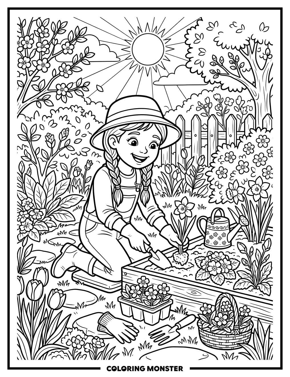 Girl Planting Flowers In The Garden Coloring Page