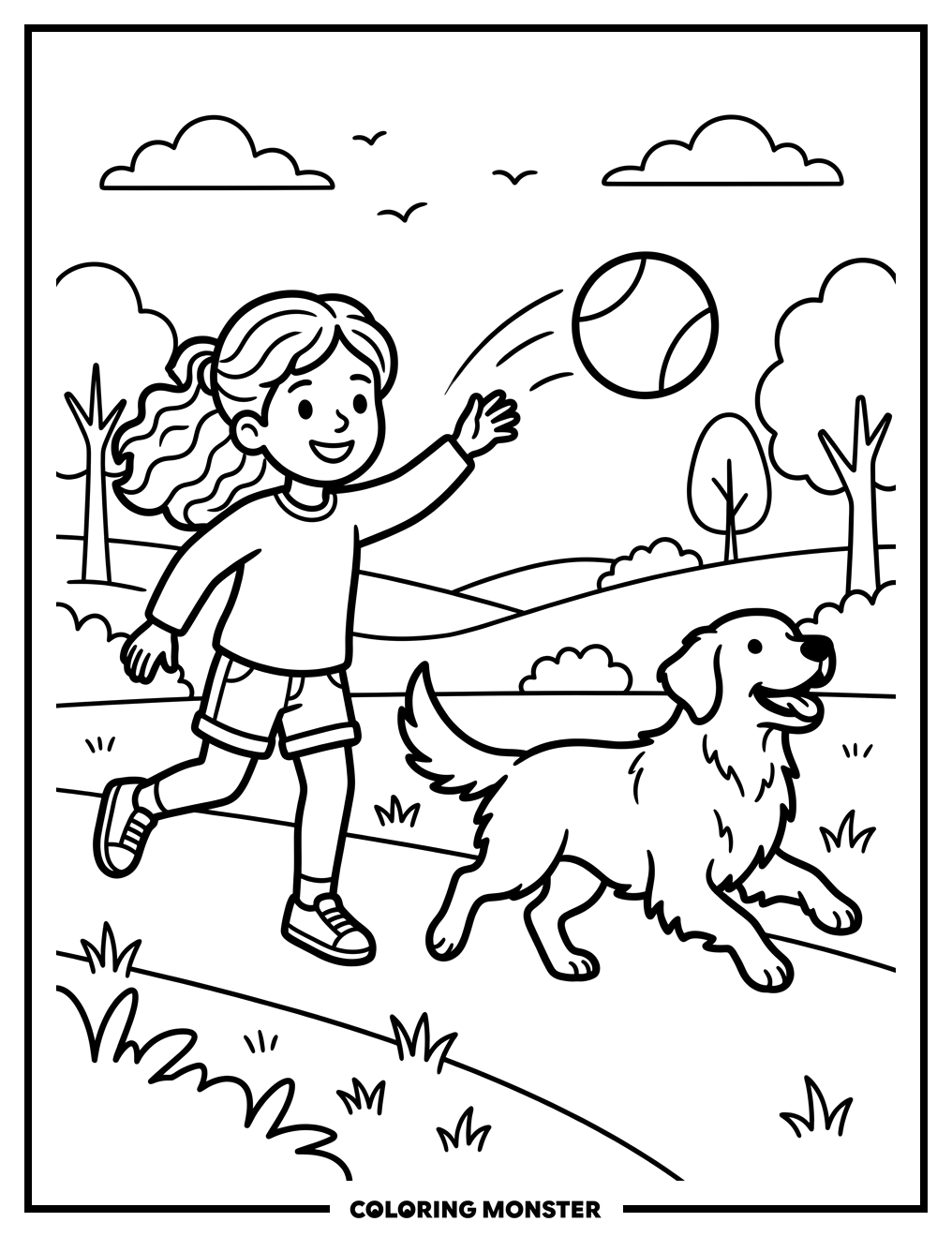 Girl Playing Fetch With Dog In Park Coloring Page