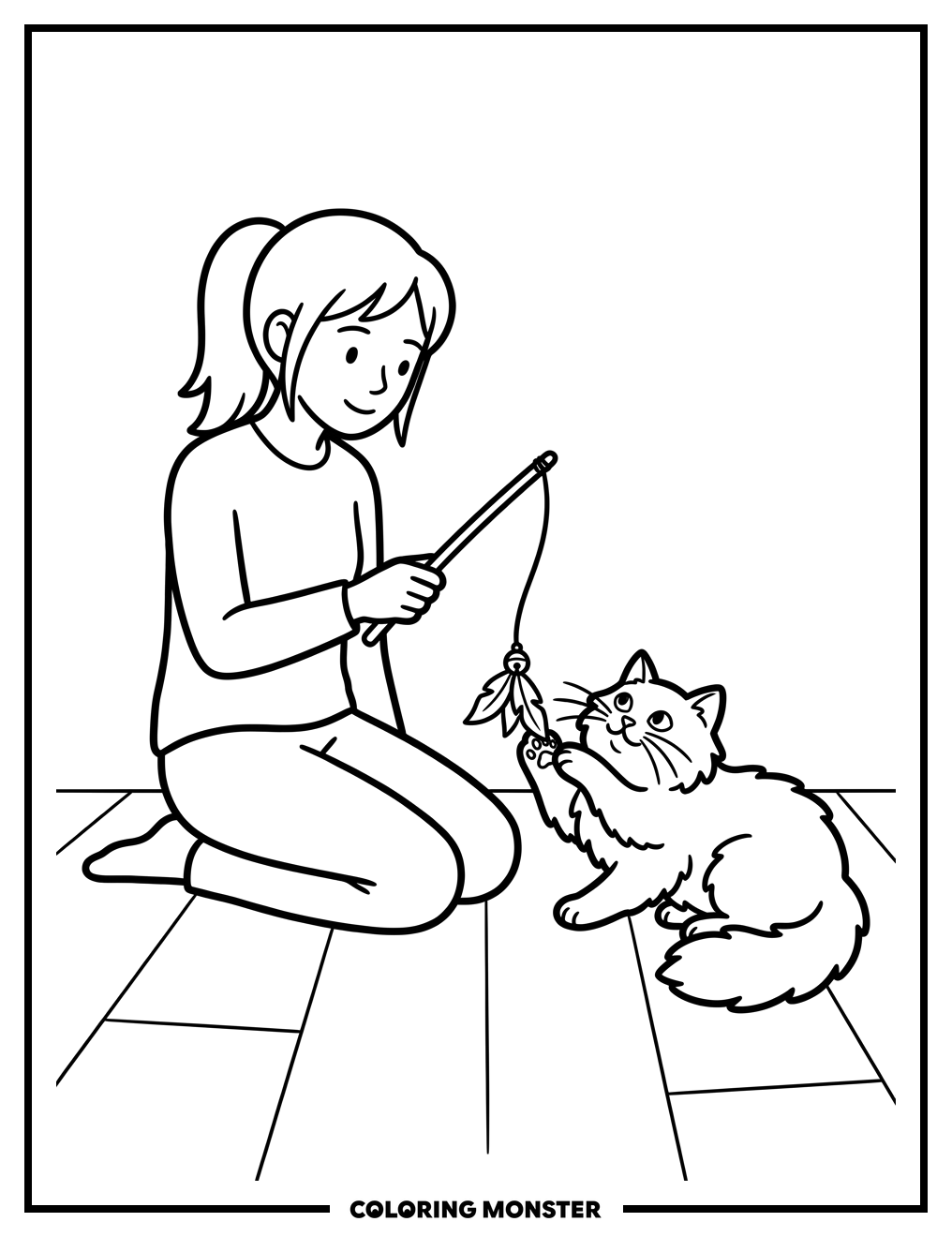 Girl Playing With A Fluffy Cat Coloring Page