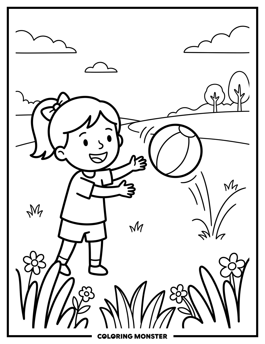 Girl Playing With Ball in Park Coloring Page