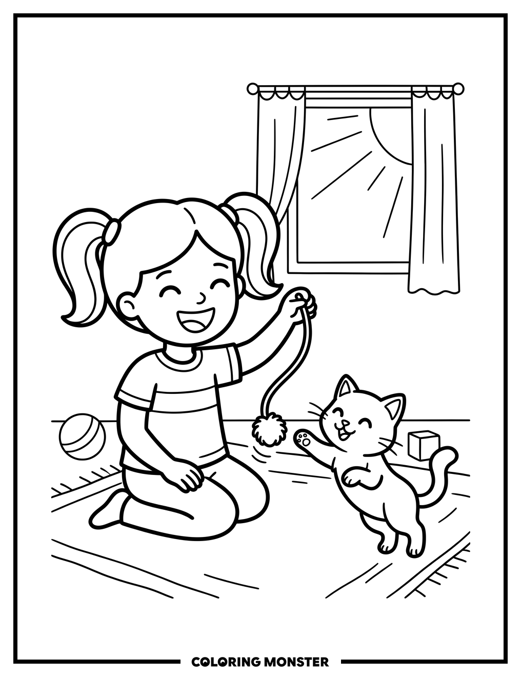 Girl Playing With Kitten Coloring Page