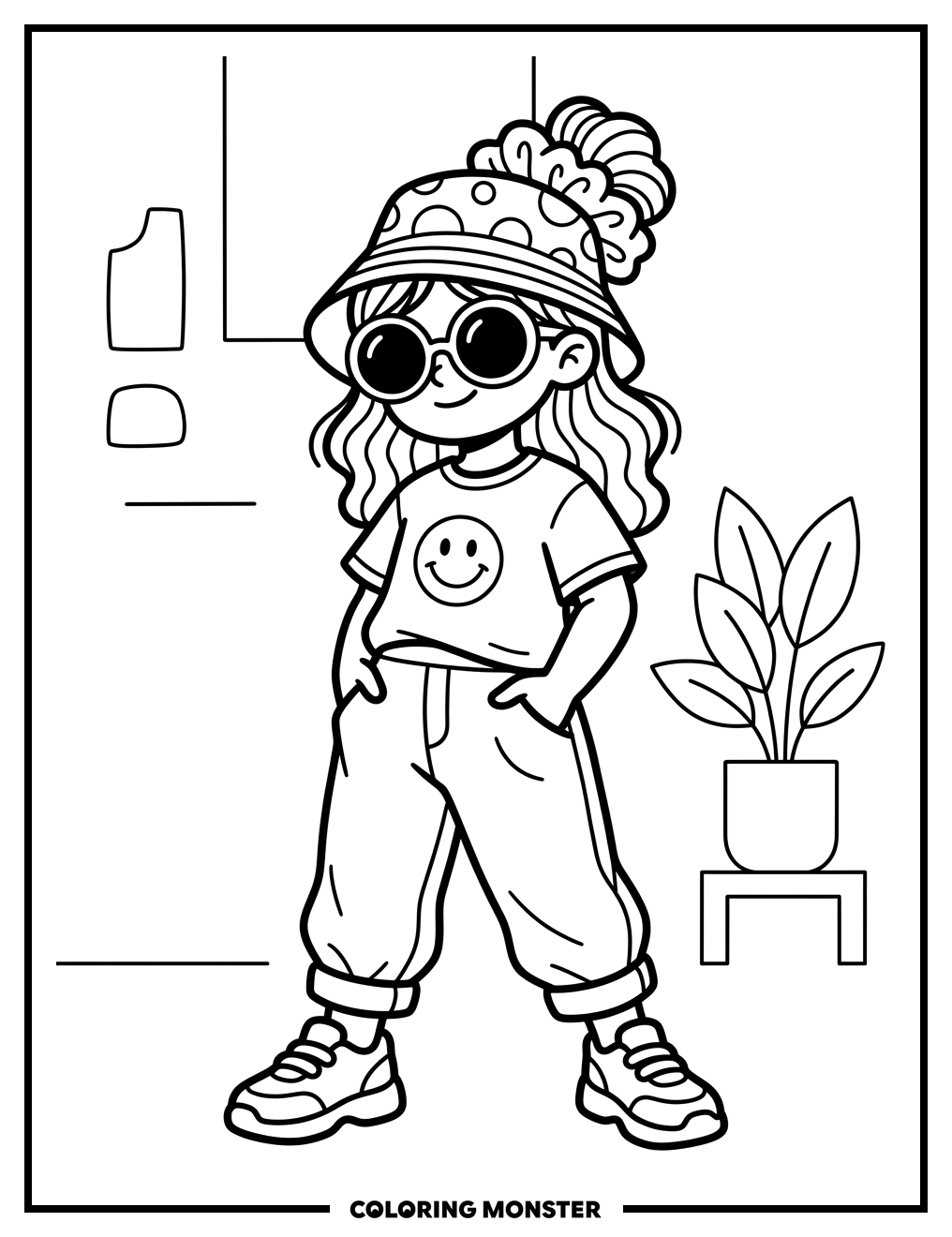 Girl Posing with Scrunchie and Sunglasses Coloring Page