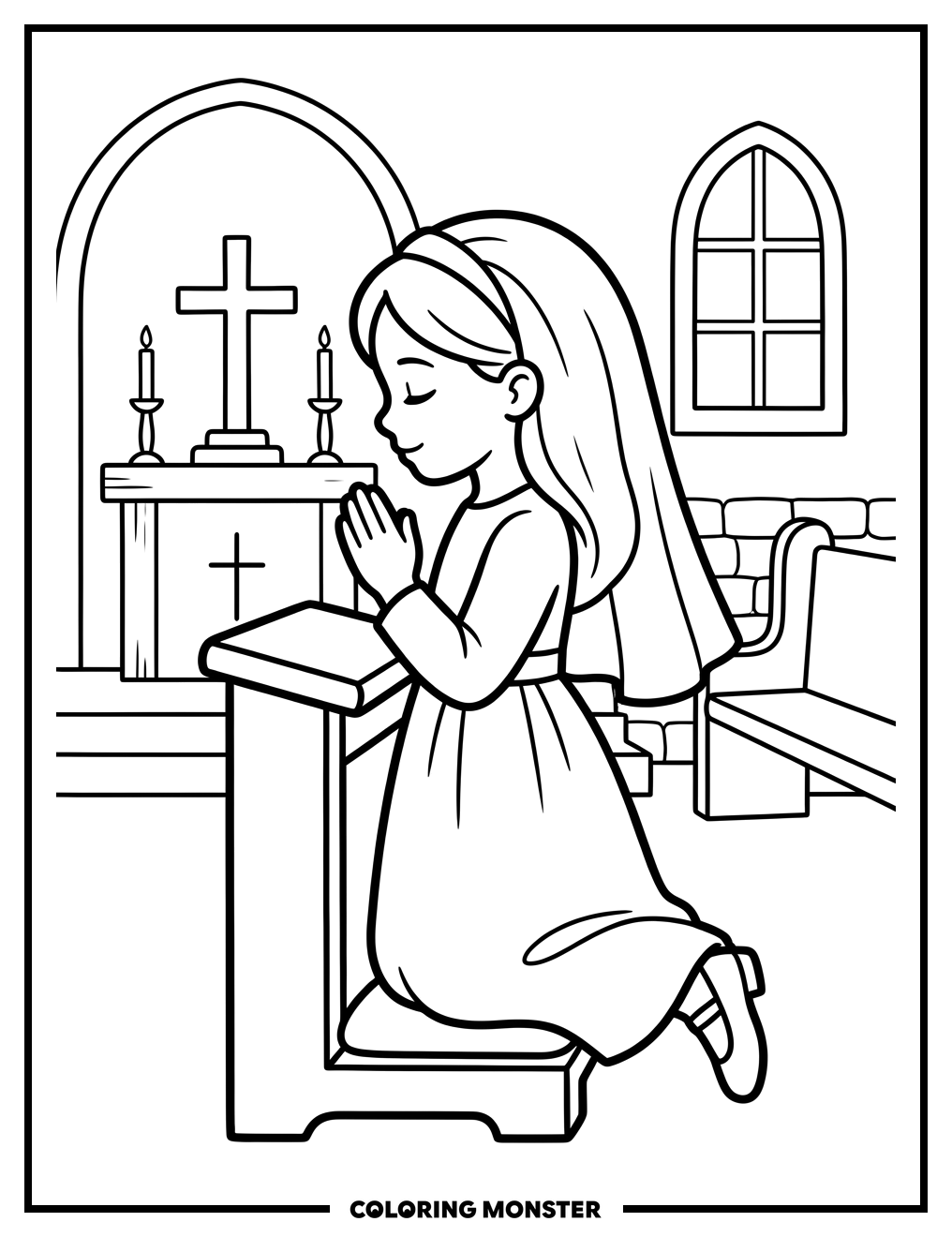 Girl Praying at Church Altar Coloring Page