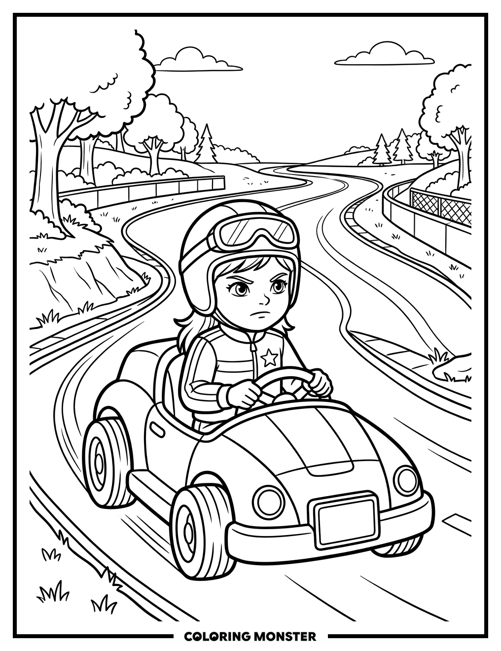 Girl Races Car to Finish Line Coloring Page