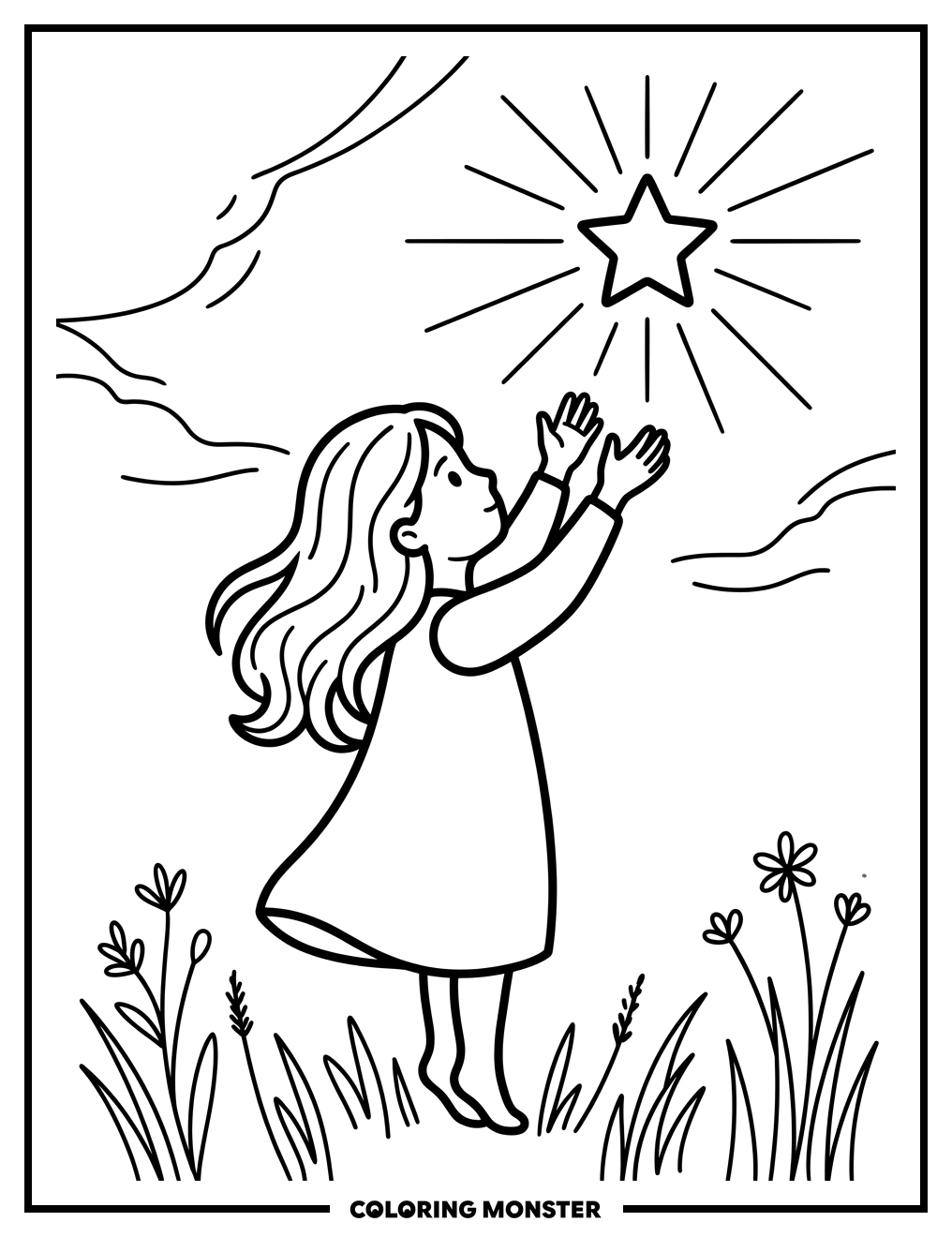 Girl Reaching For A Star Coloring Page