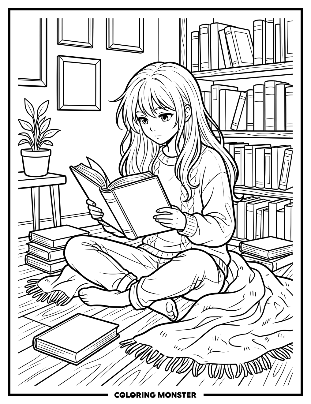 Girl Reading A Big Book Coloring Page