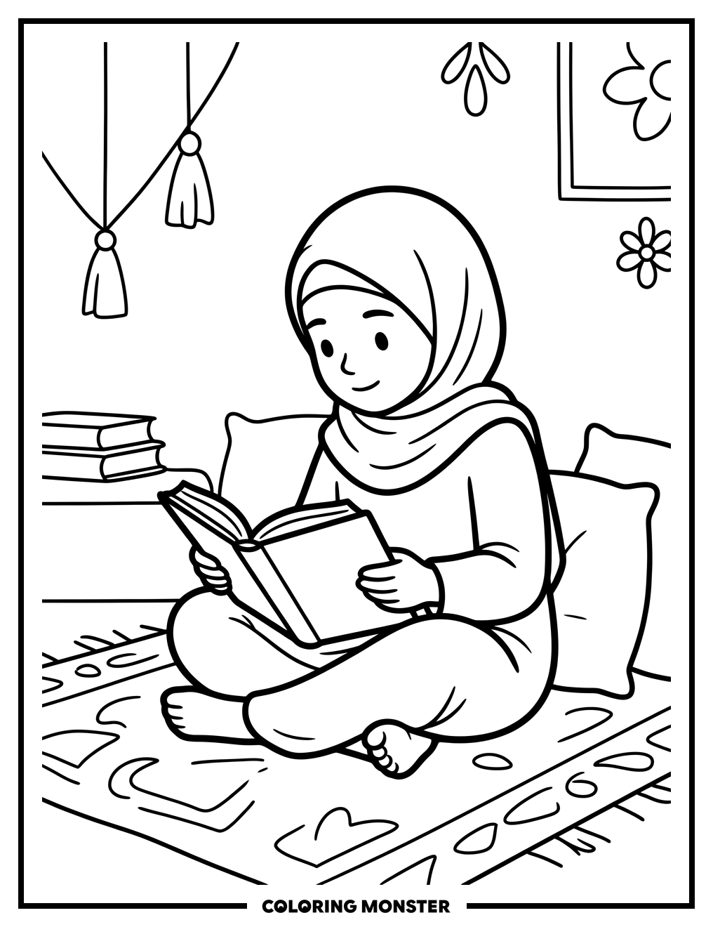 Girl Reading a Book Coloring Page
