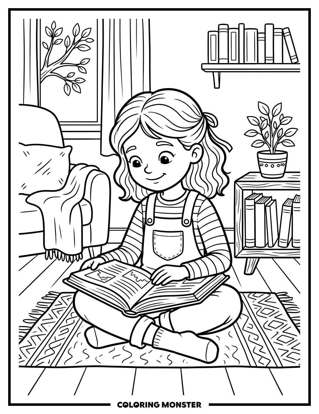 Girl Reading a Book Coloring Page