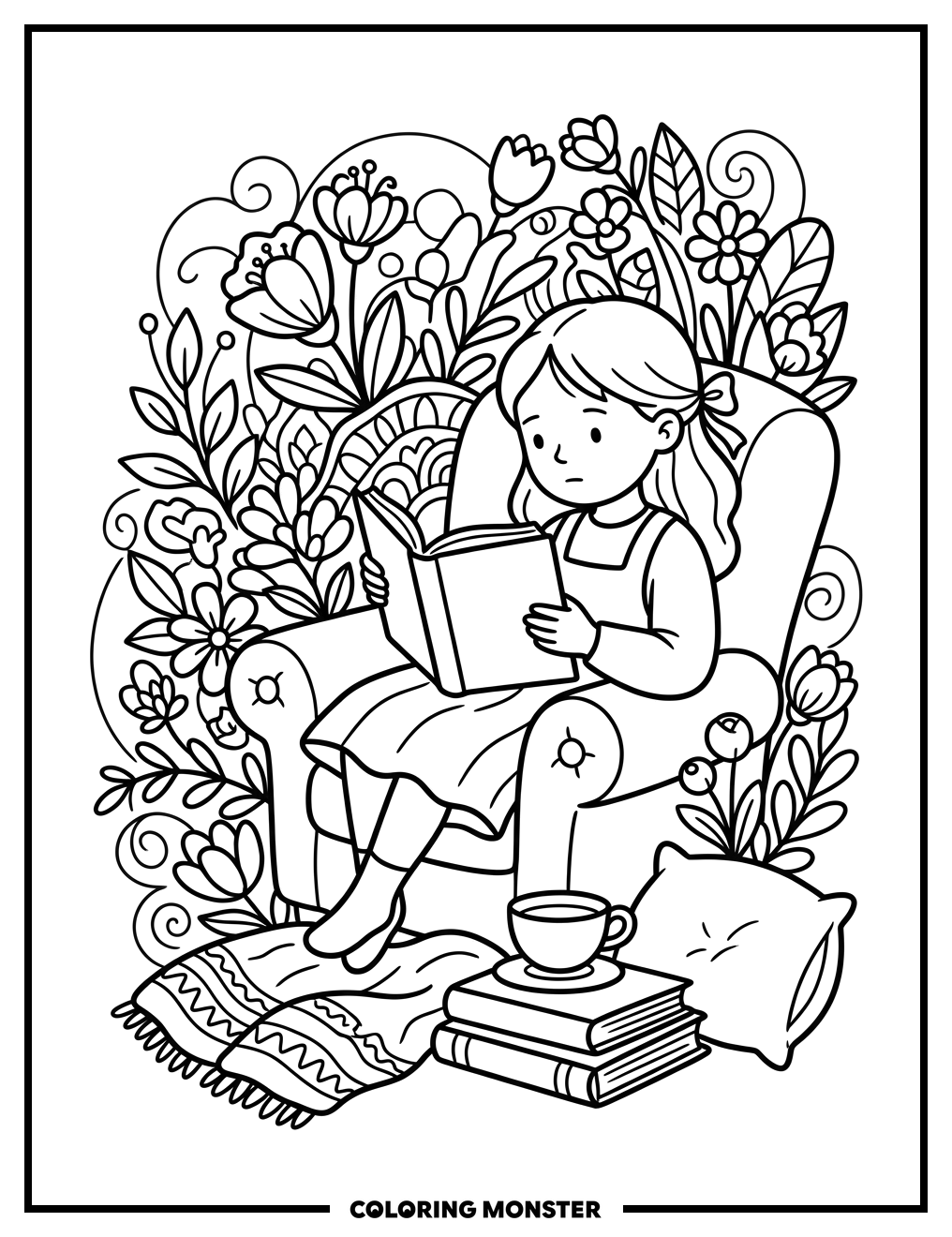Girl Reading a Book Coloring Page