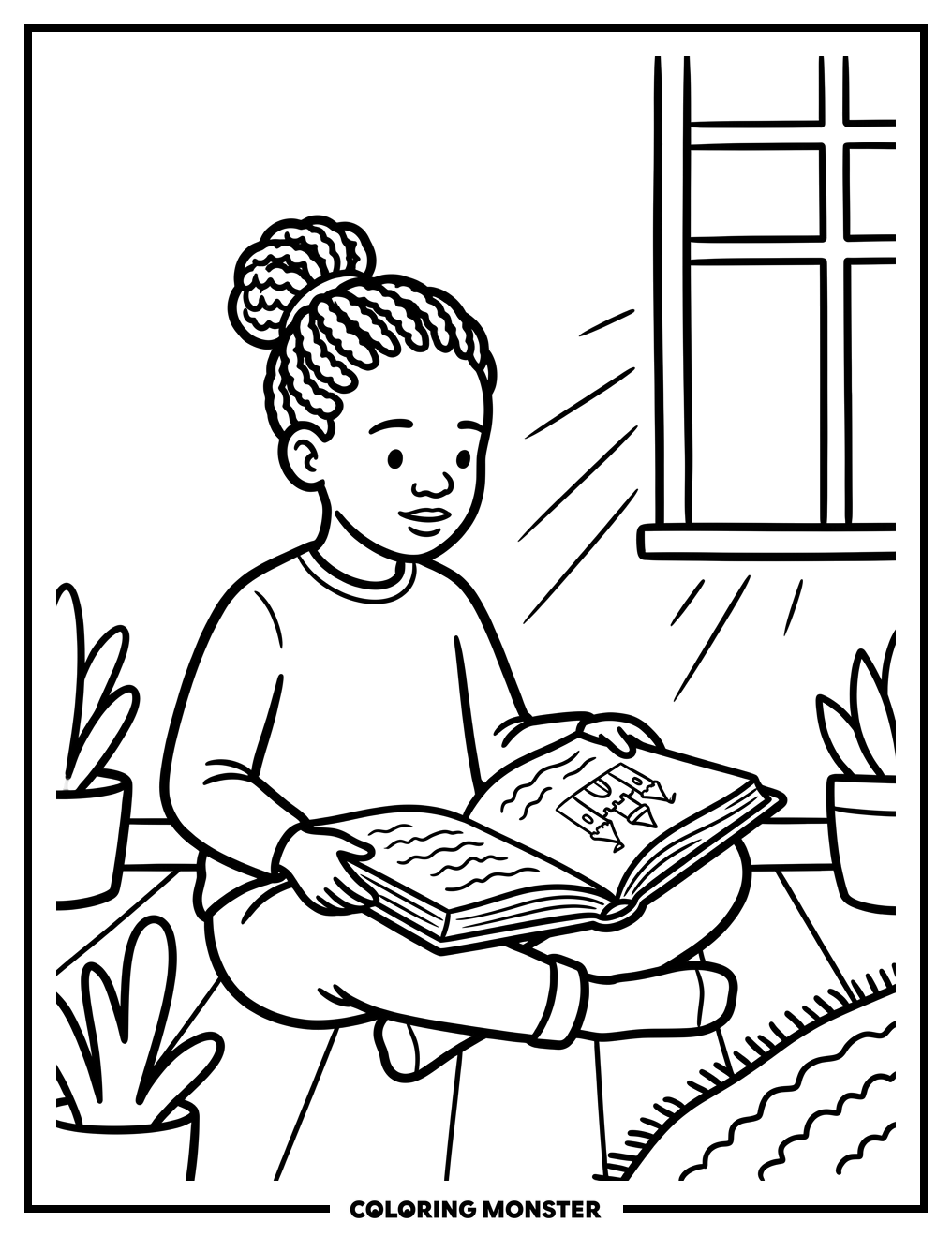 Girl Reading a Book in Sunlight Coloring Page