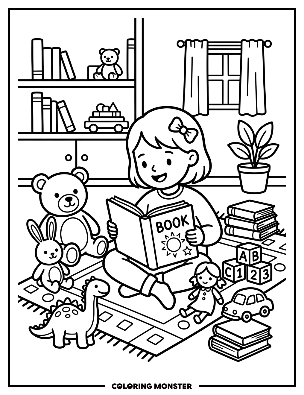 Girl Reading a Book Surrounded by Toys Coloring Page