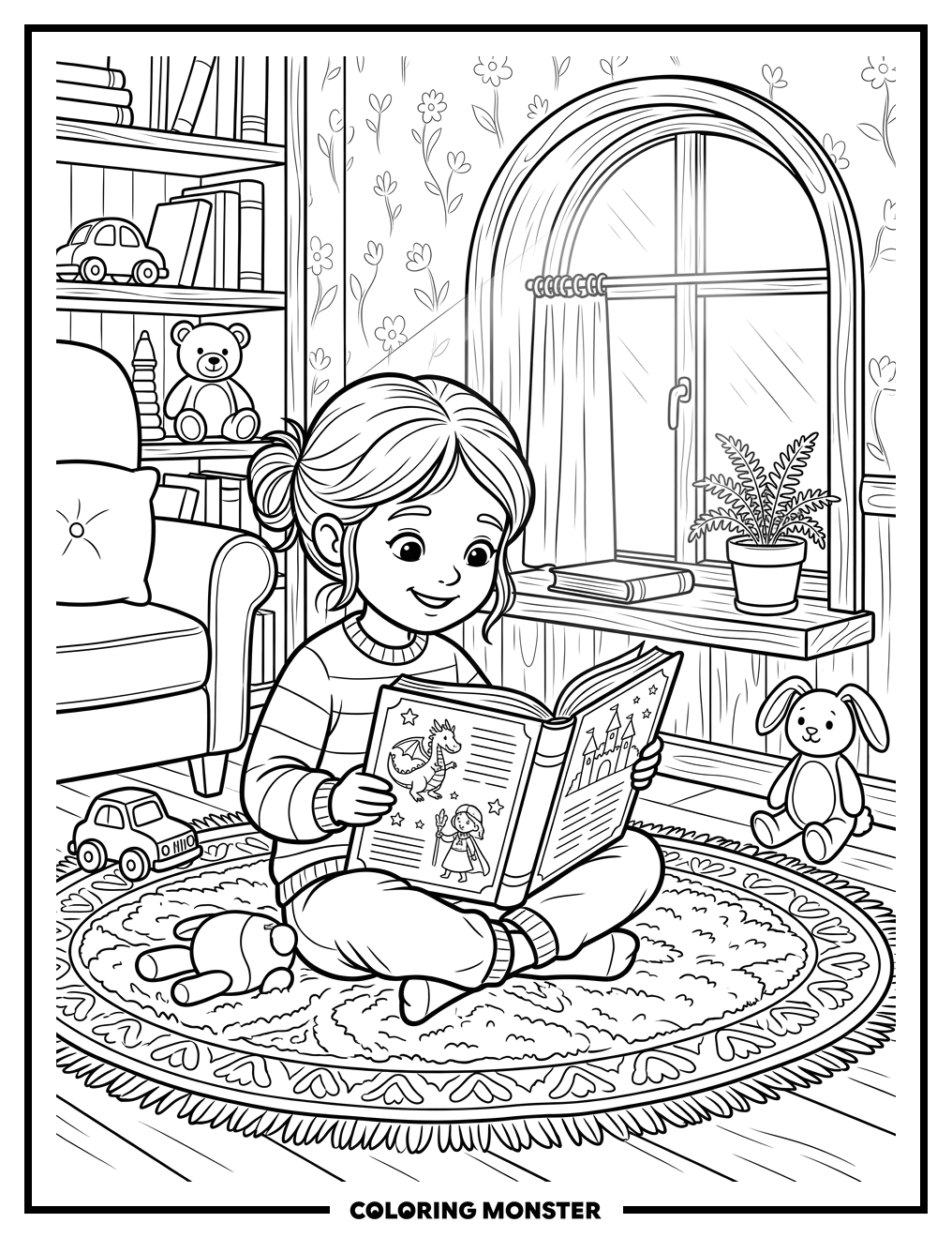 Girl Reading A Storybook Coloring Page