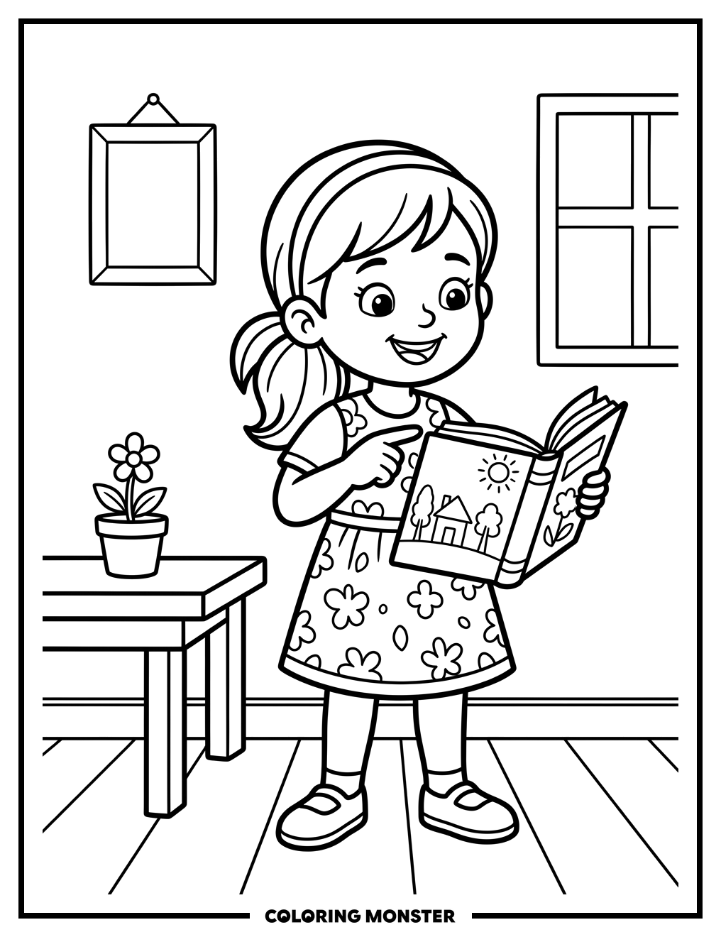 Girl Reading a Storybook Coloring Page