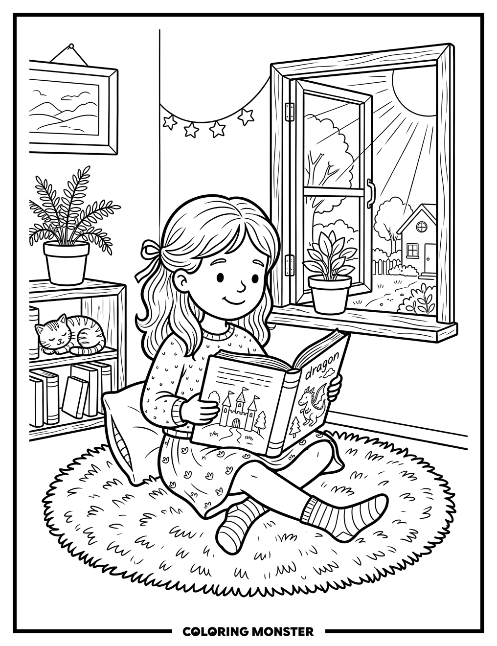 Girl Reading A Storybook On Rug Coloring Page