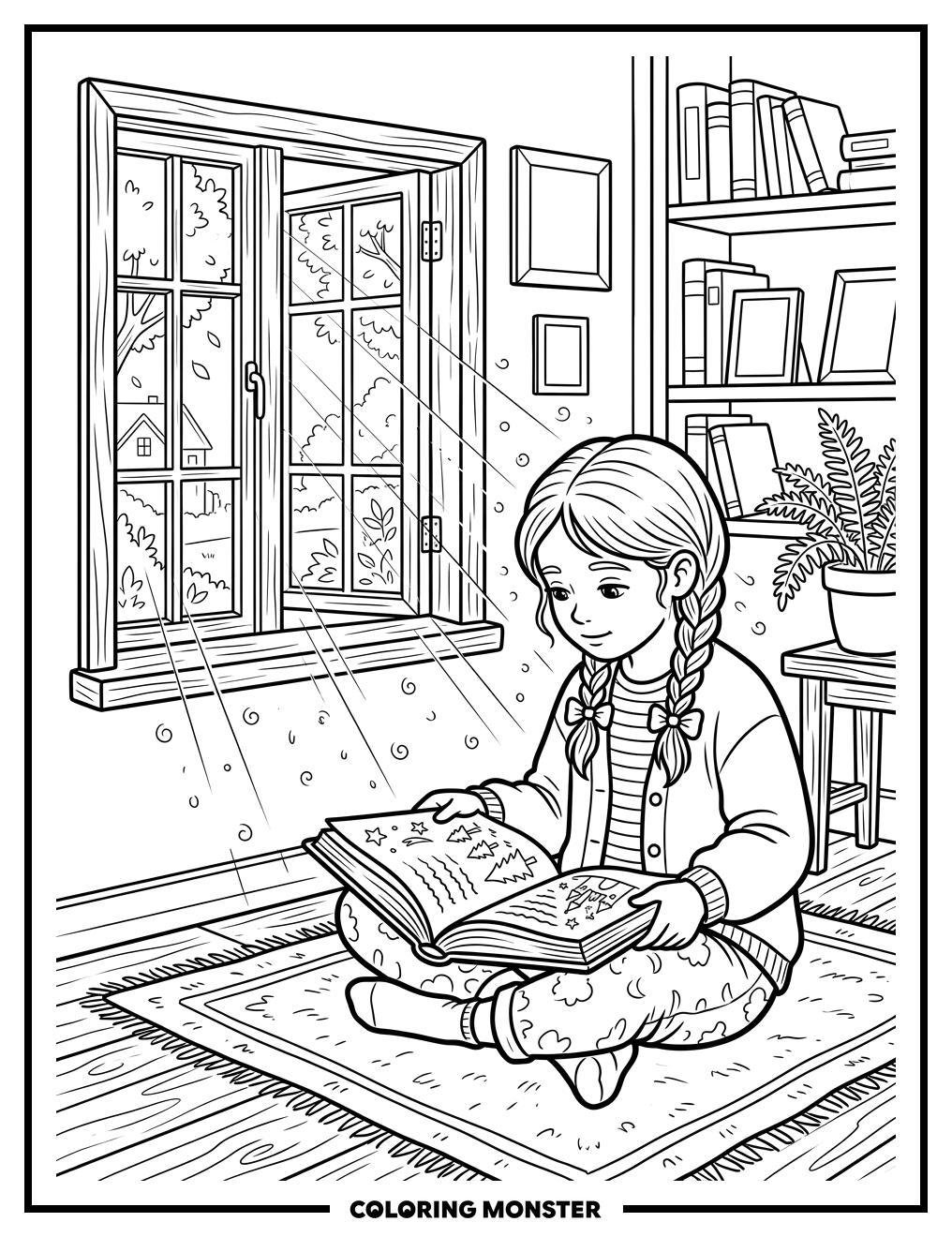 Girl Reading Book by Window Coloring Page