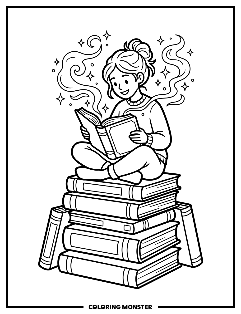 Girl Reading Fantasy Book Coloring Page