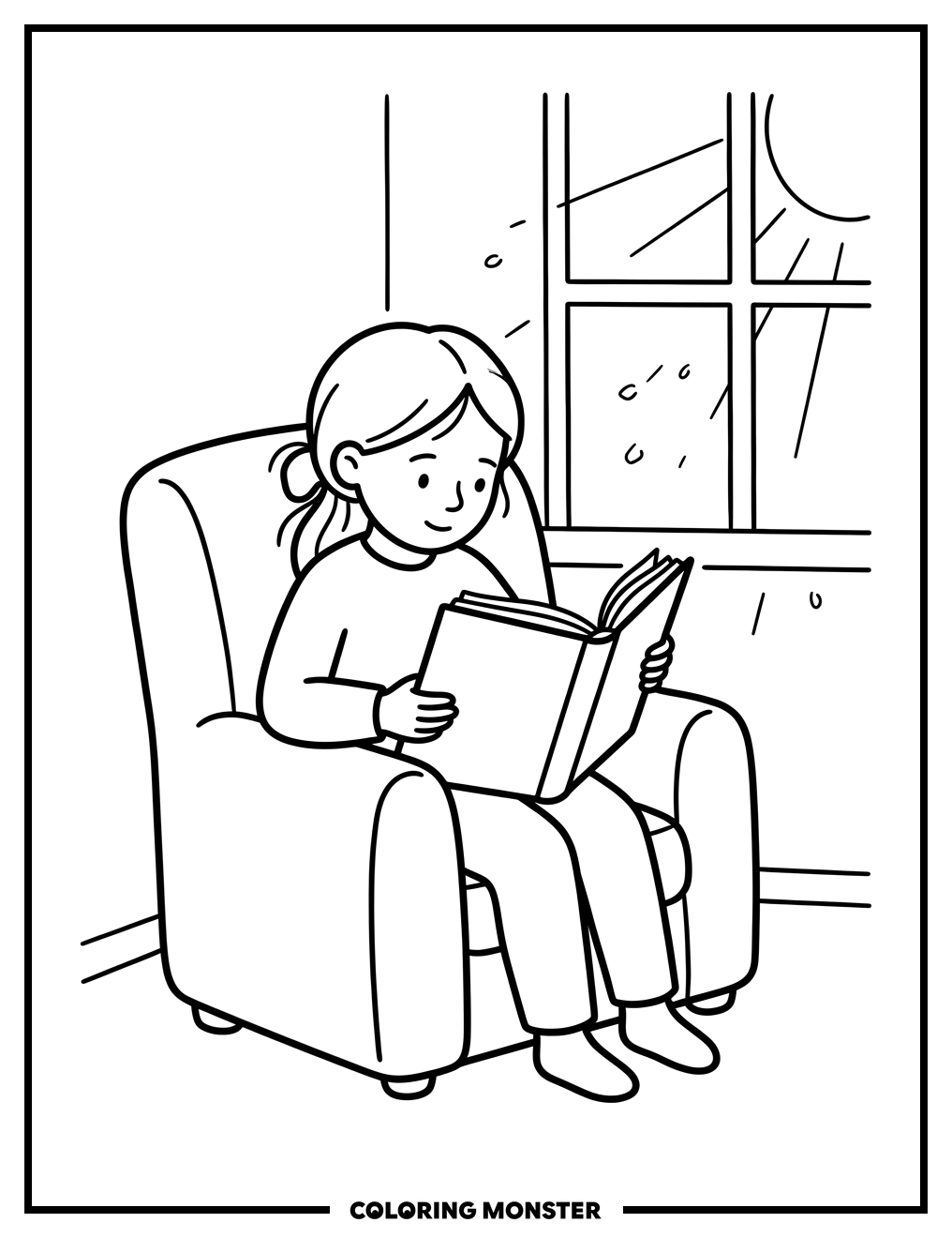 Girl Reading in Armchair Coloring Page