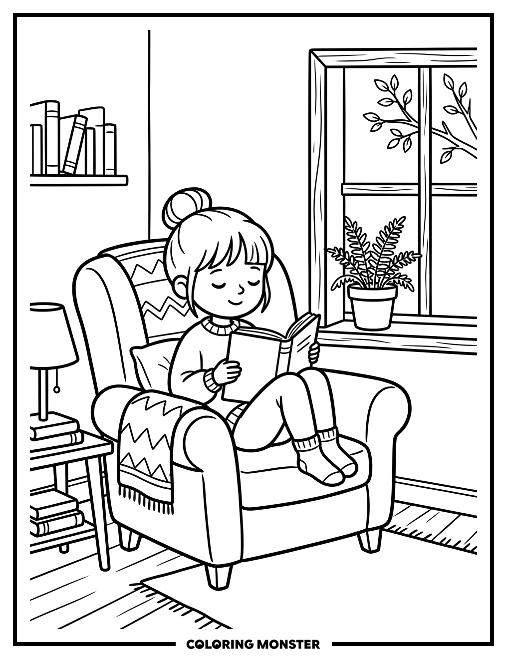 Girl Reading in Armchair Coloring Page