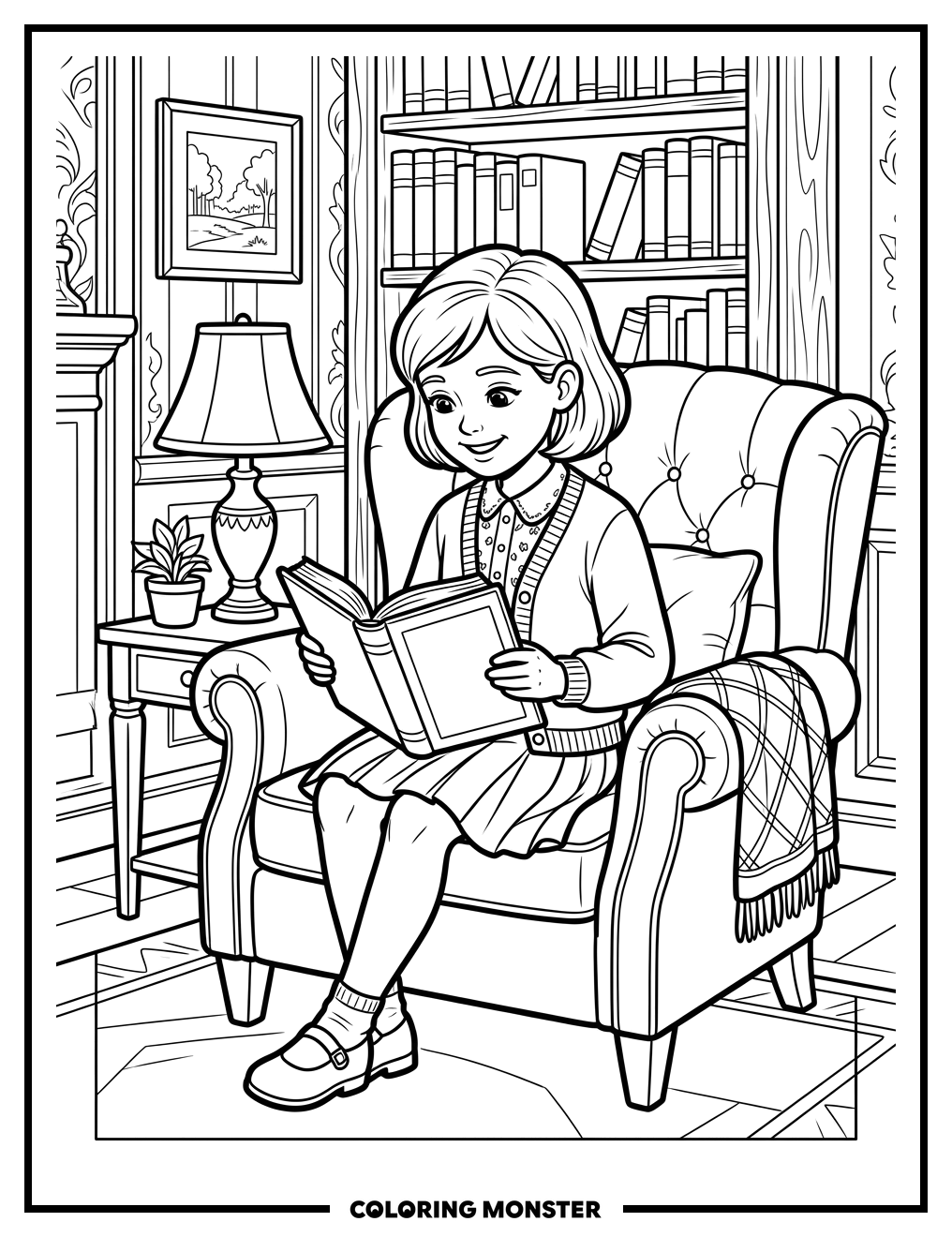 Girl Reading in Cozy Armchair Coloring Page