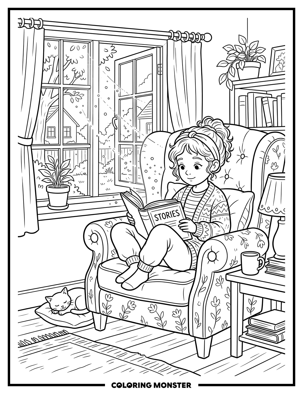 Girl Reading in Cozy Armchair Coloring Page