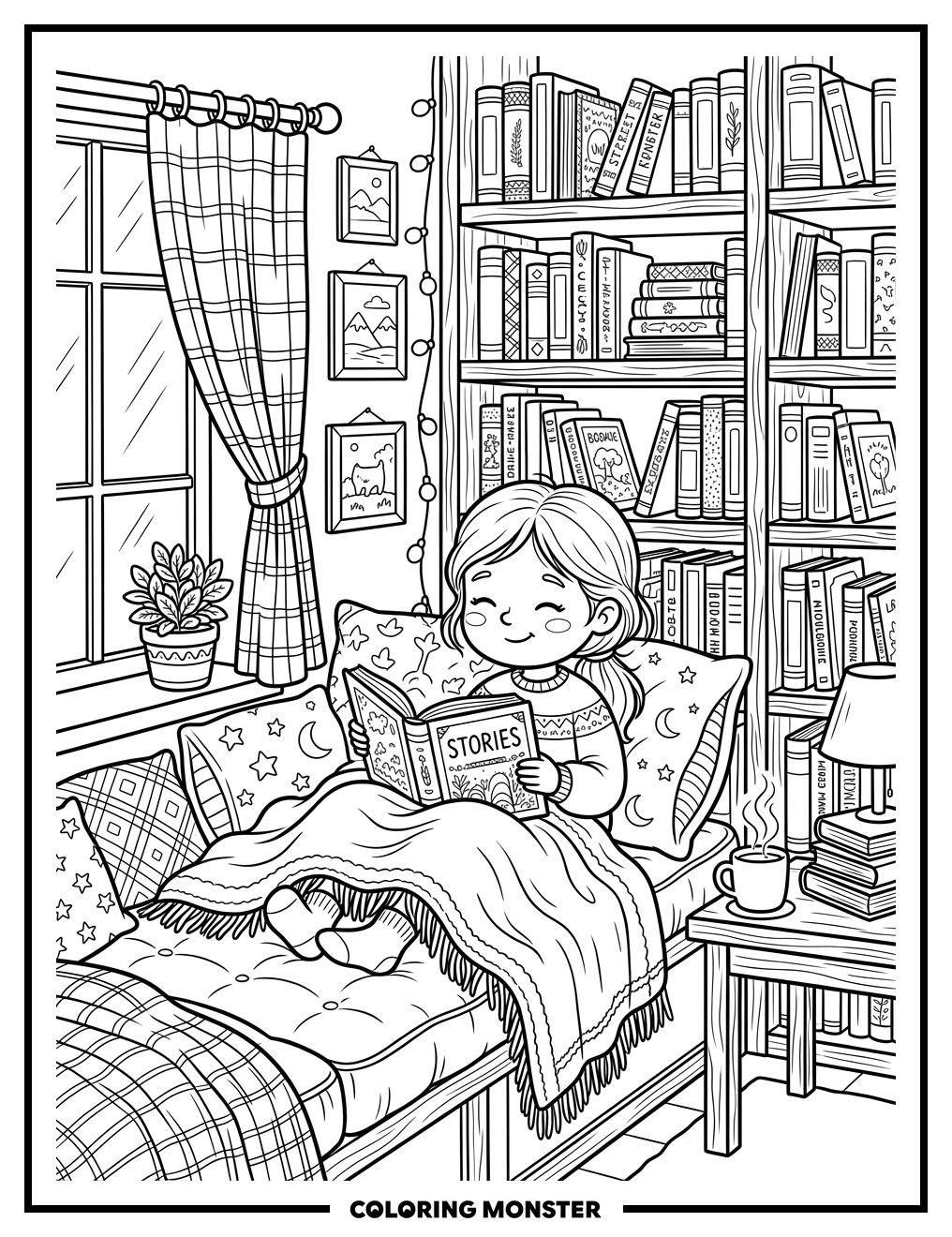 Girl Reading in Cozy Nook Coloring Page