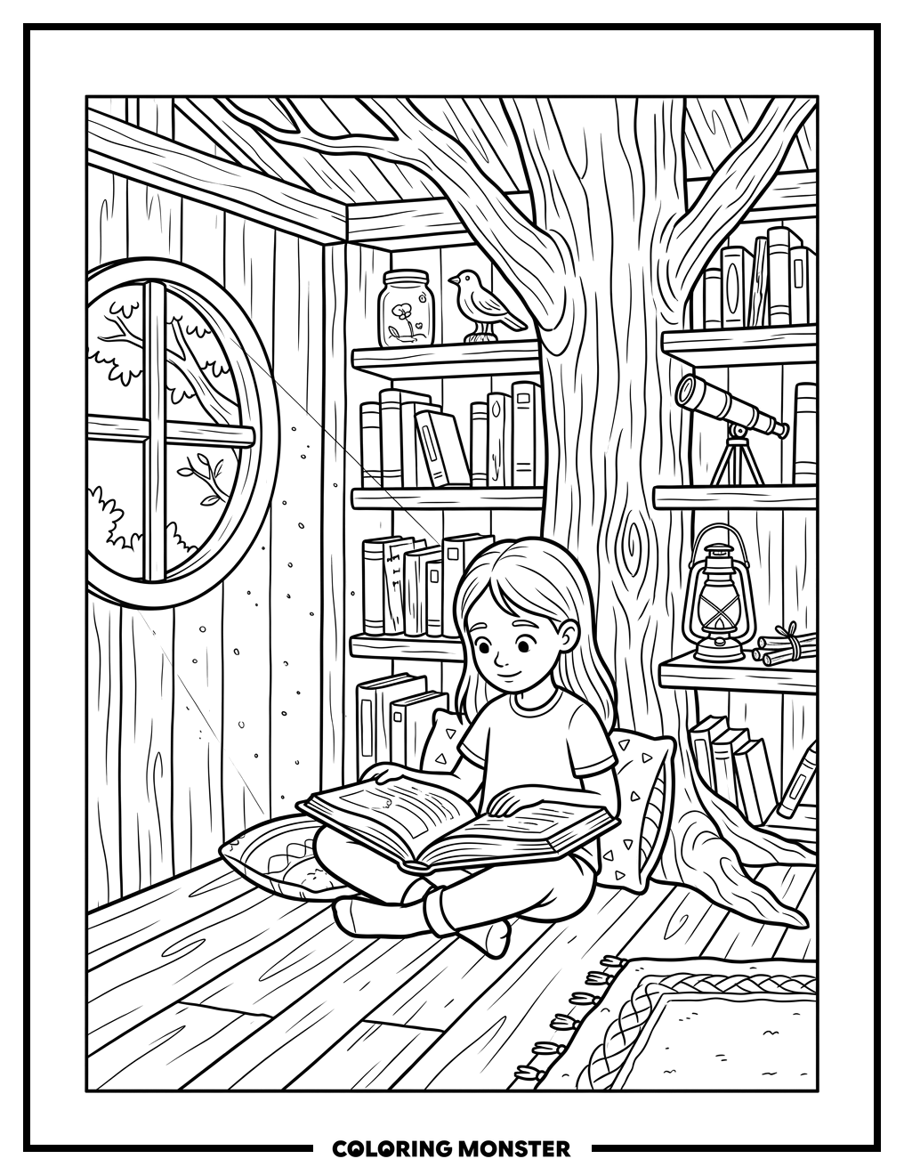 Girl Reading In Treehouse Coloring Page