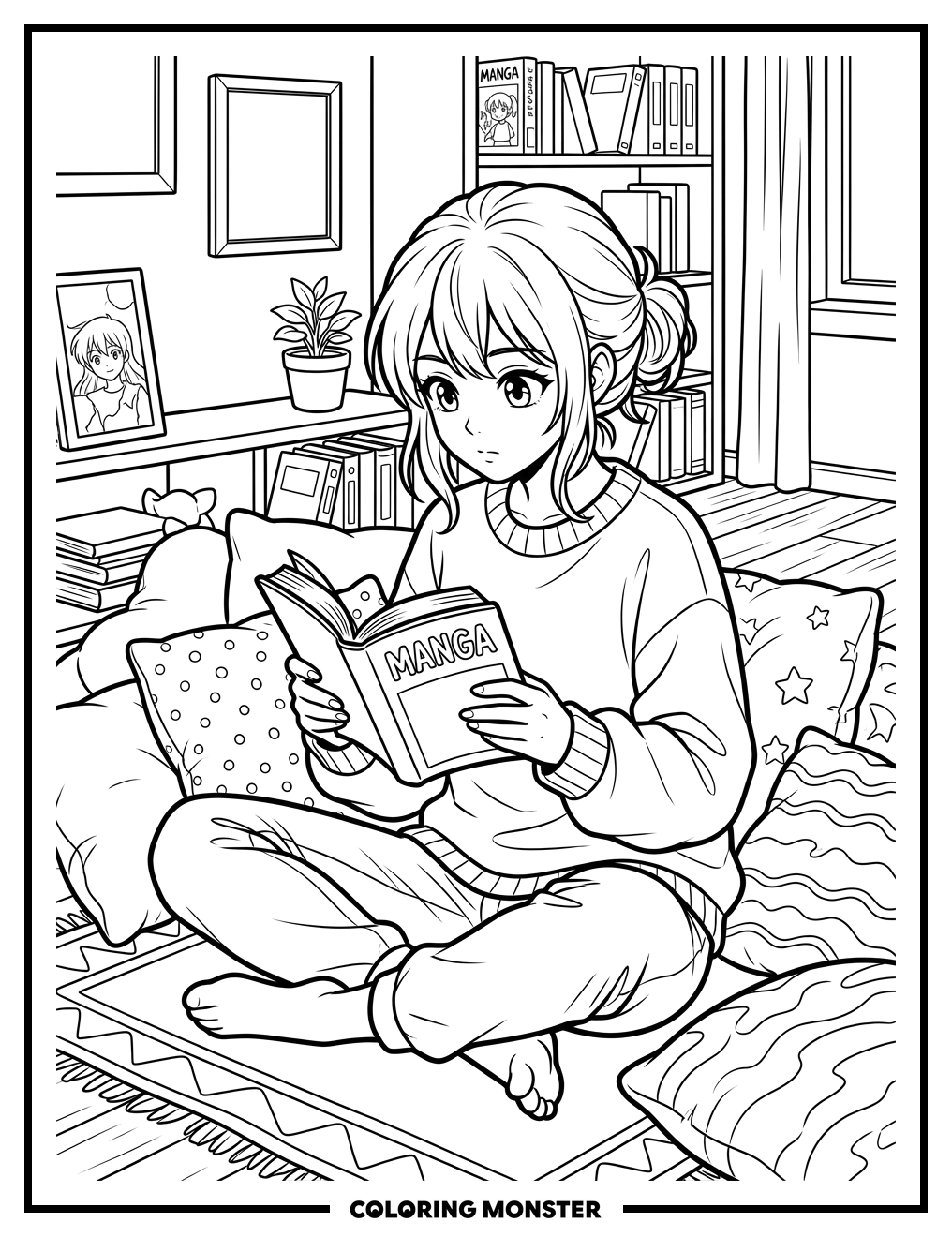 Girl Reading Manga on Floor Coloring Page