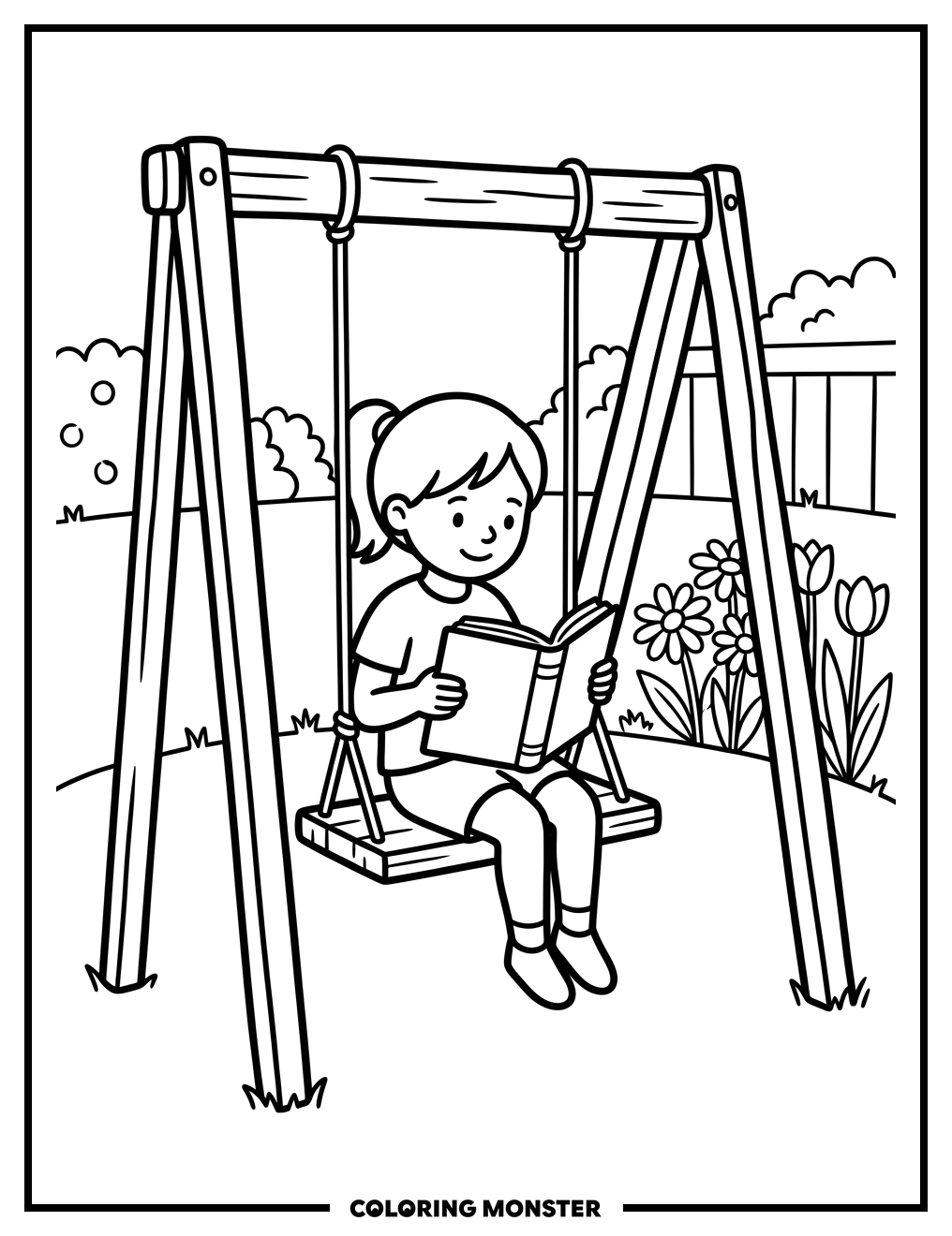 Girl Reading on a Swing Coloring Page