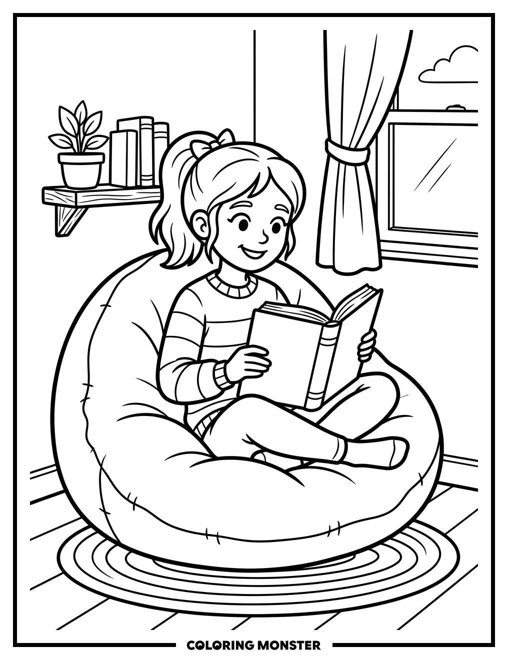 Girl Reading on Beanbag Chair Coloring Page