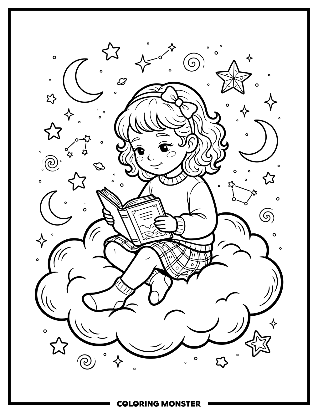 Girl Reading on Cloud Coloring Page