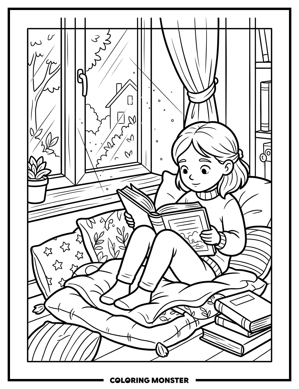 Girl Reading on Cushions Coloring Page