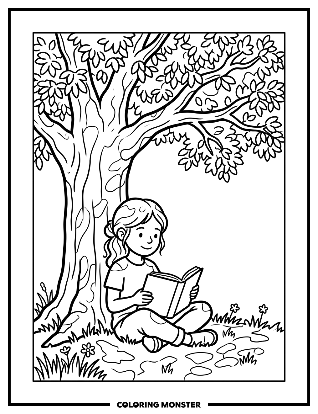 Girl Reading Under a Tree Coloring Page
