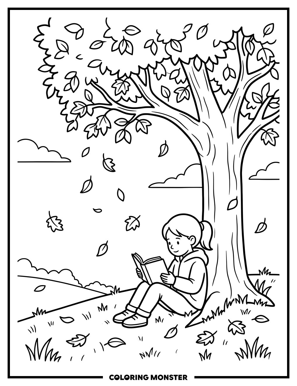 Girl Reading Under Autumn Tree Coloring Page