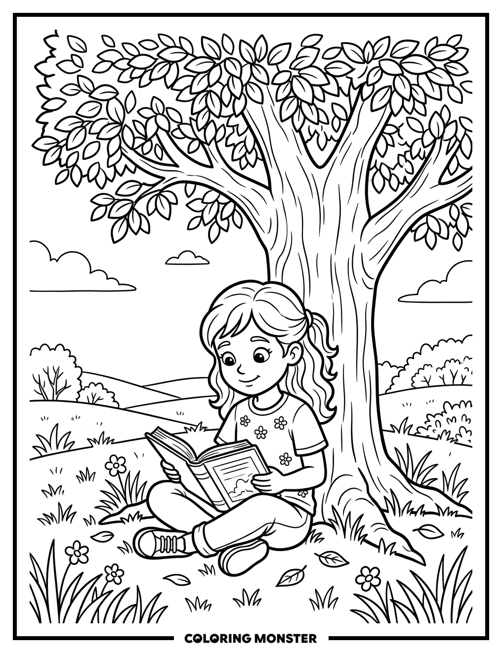 Girl Reading Under Tree Coloring Page