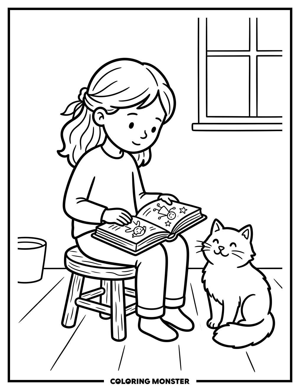 Girl Reading With Cat Coloring Page