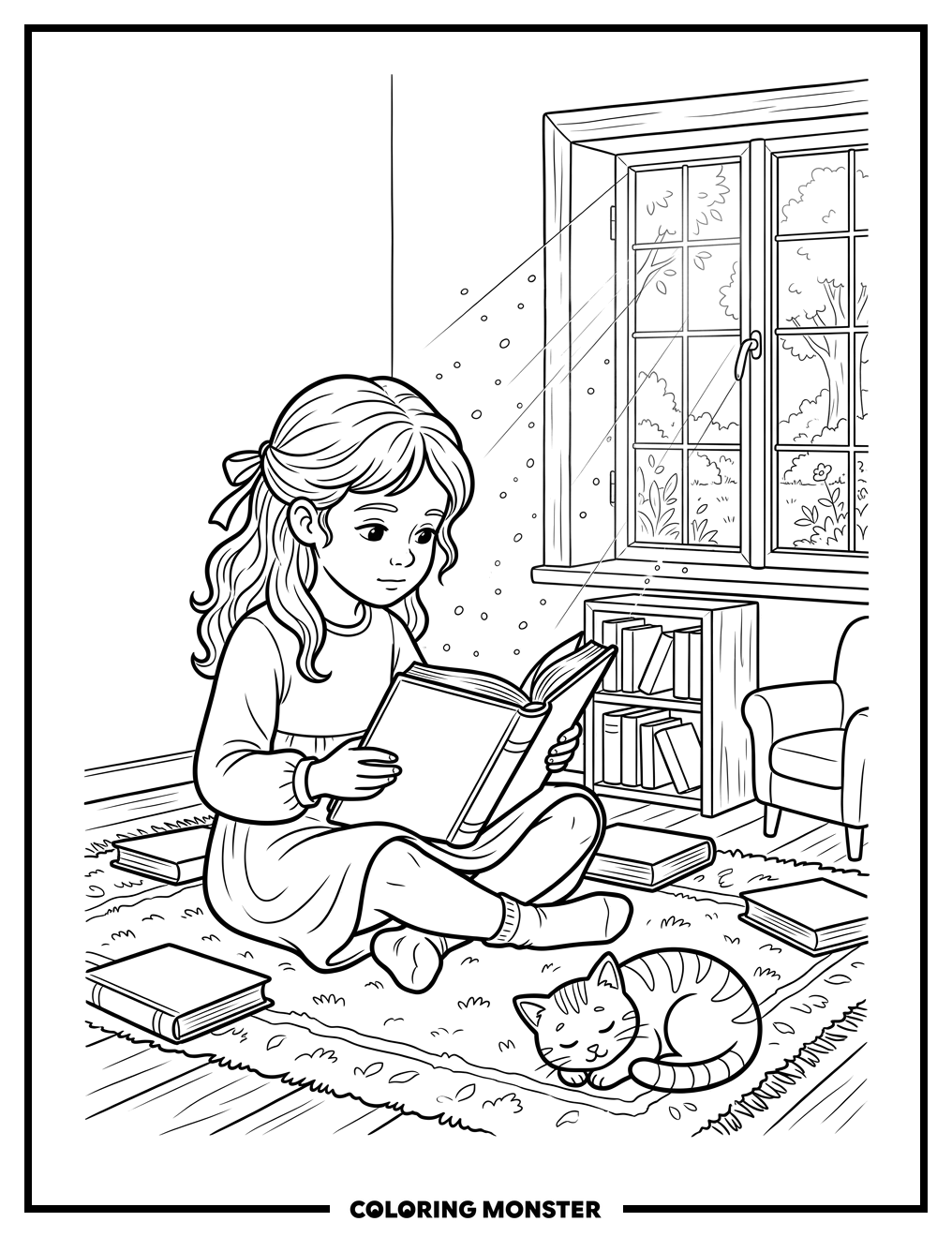 Girl Reading With Cat Coloring Page