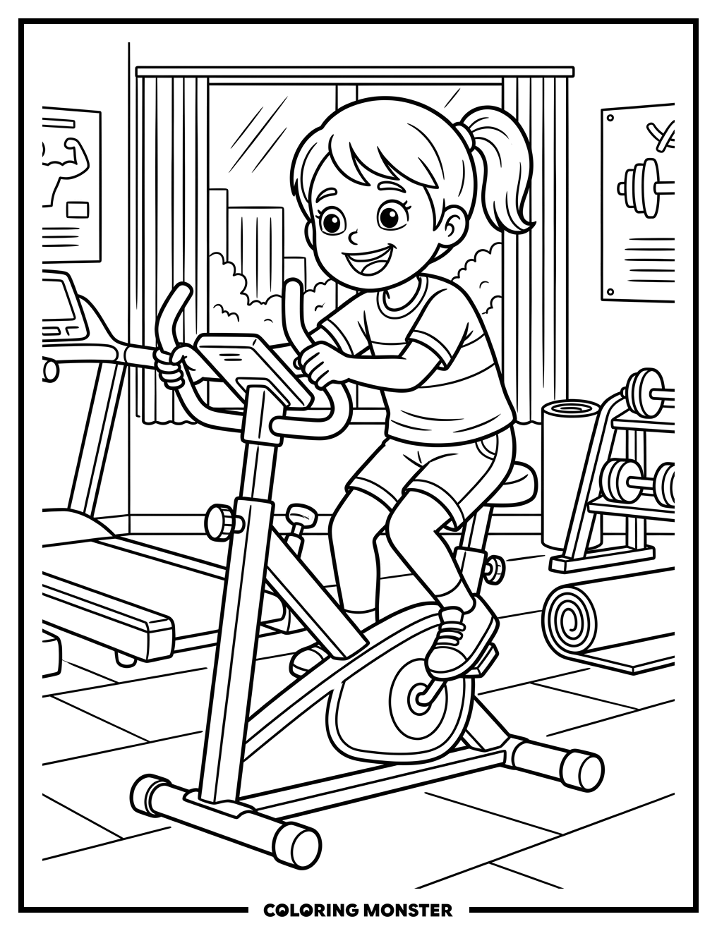 Girl Rides Exercise Bike Coloring Page