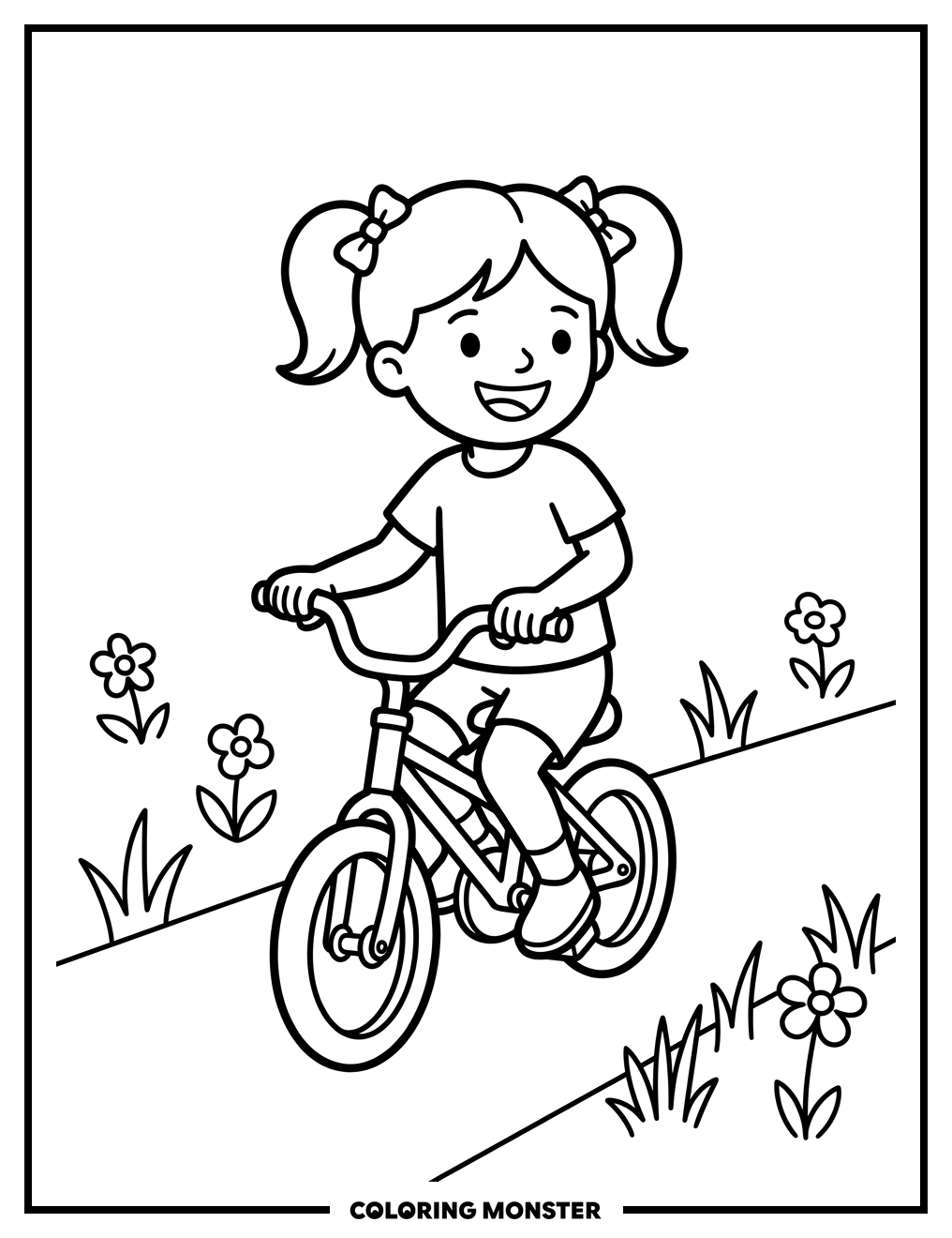 Girl Riding a Bicycle Coloring Page
