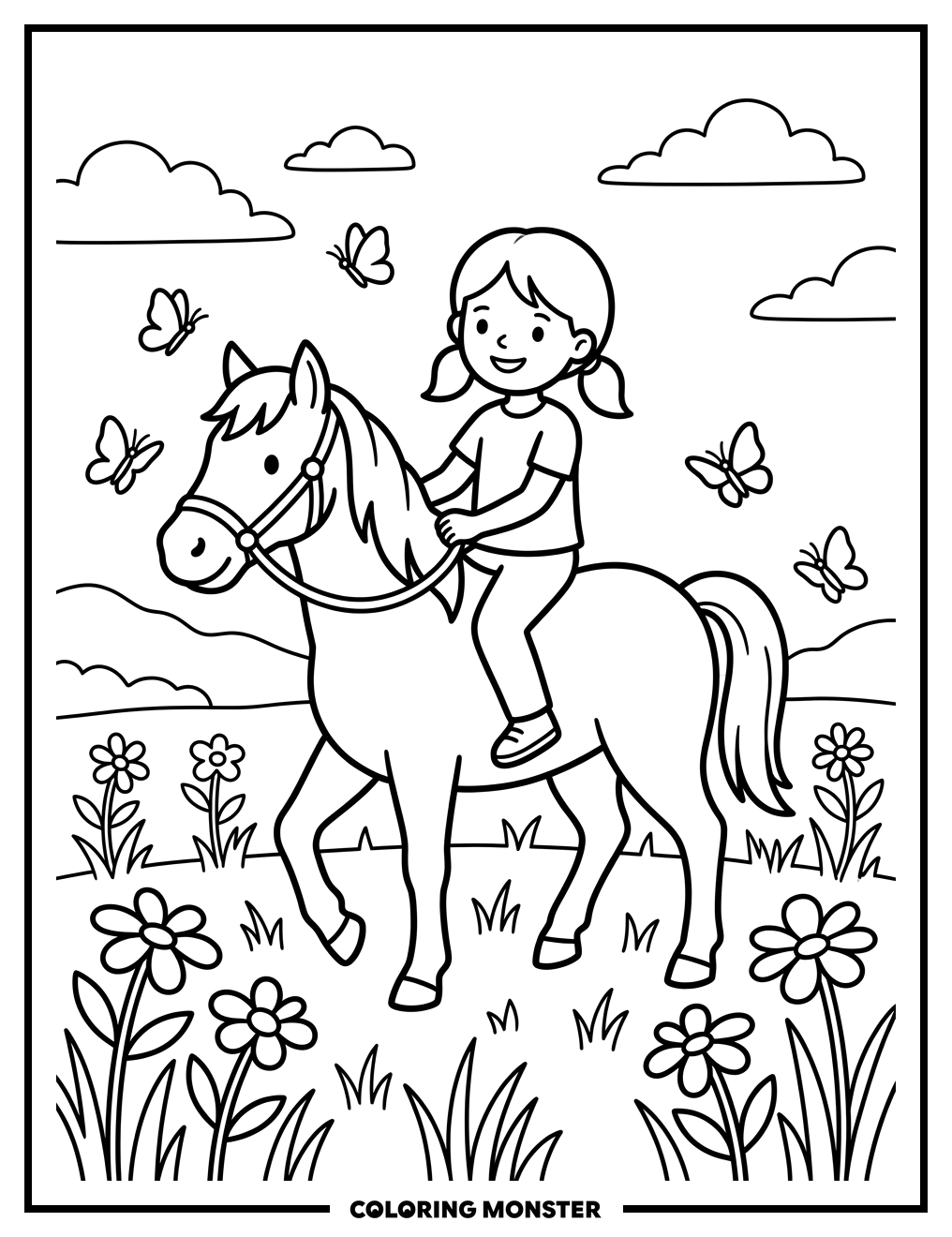 Girl Riding a Horse in a Meadow Coloring Page