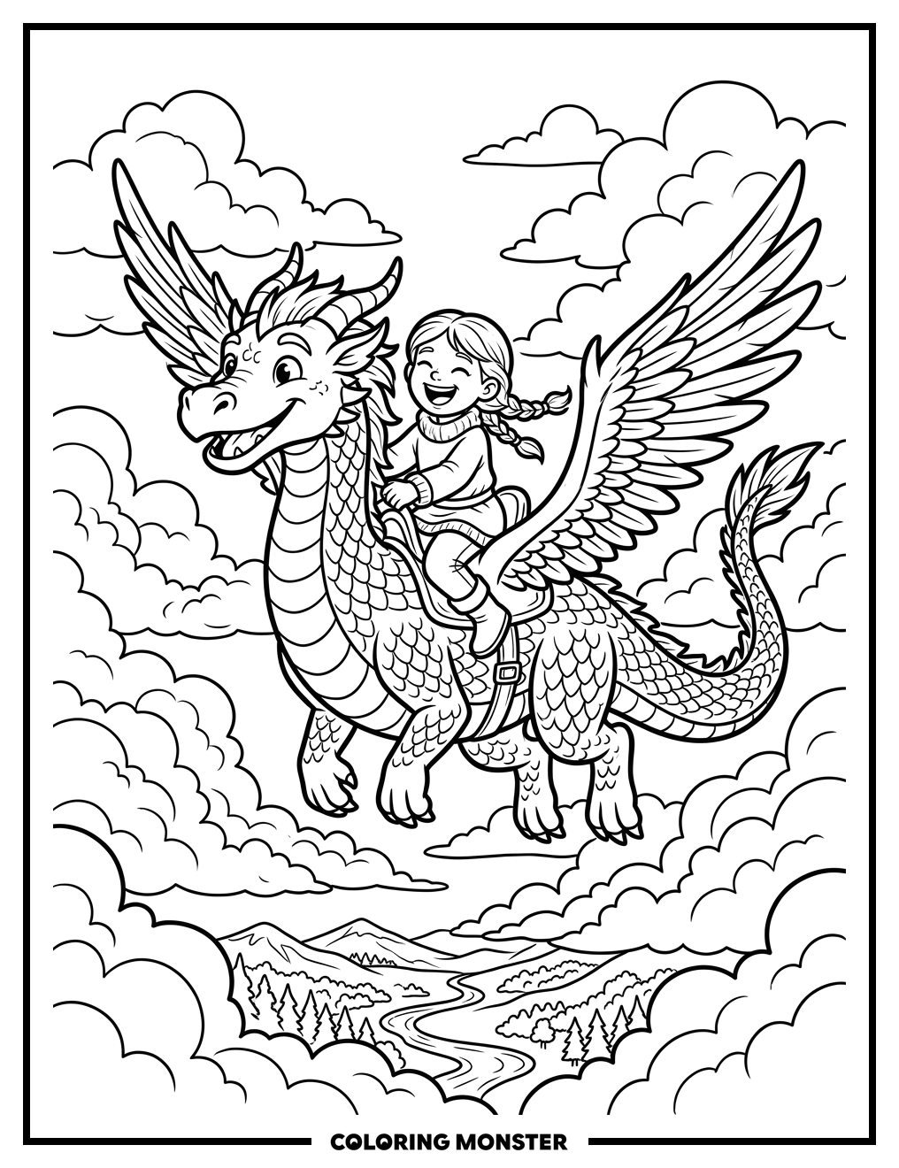 Girl Riding a Smiling Dragon Coloring Page