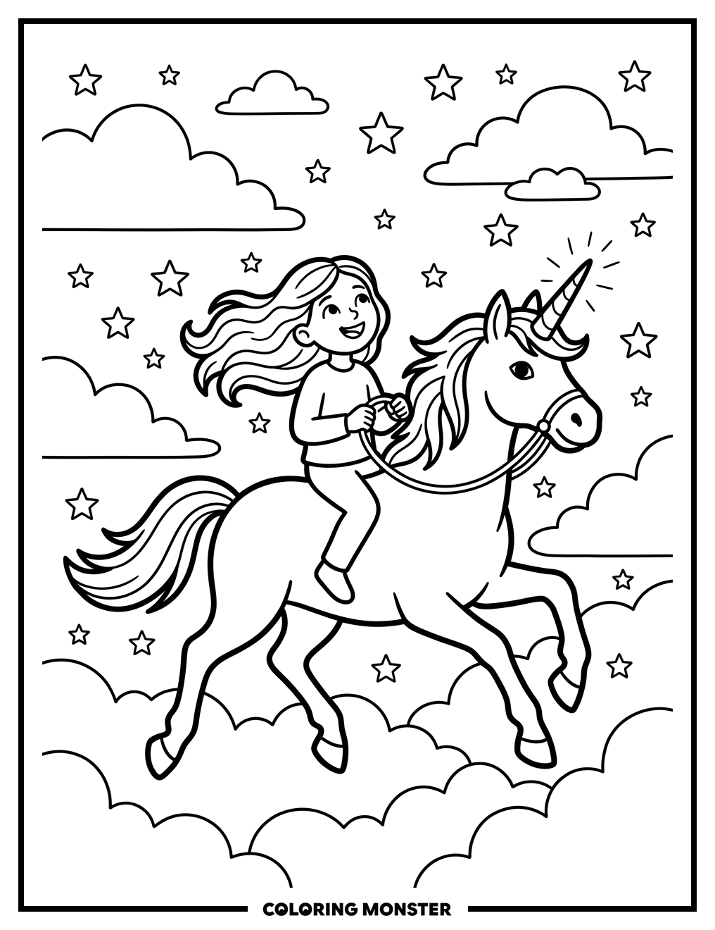 Girl Riding a Unicorn in the Clouds Coloring Page