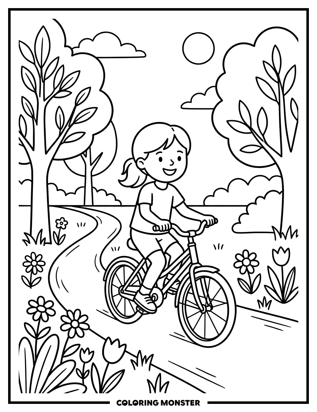 Girl Riding Bicycle on Path Coloring Page