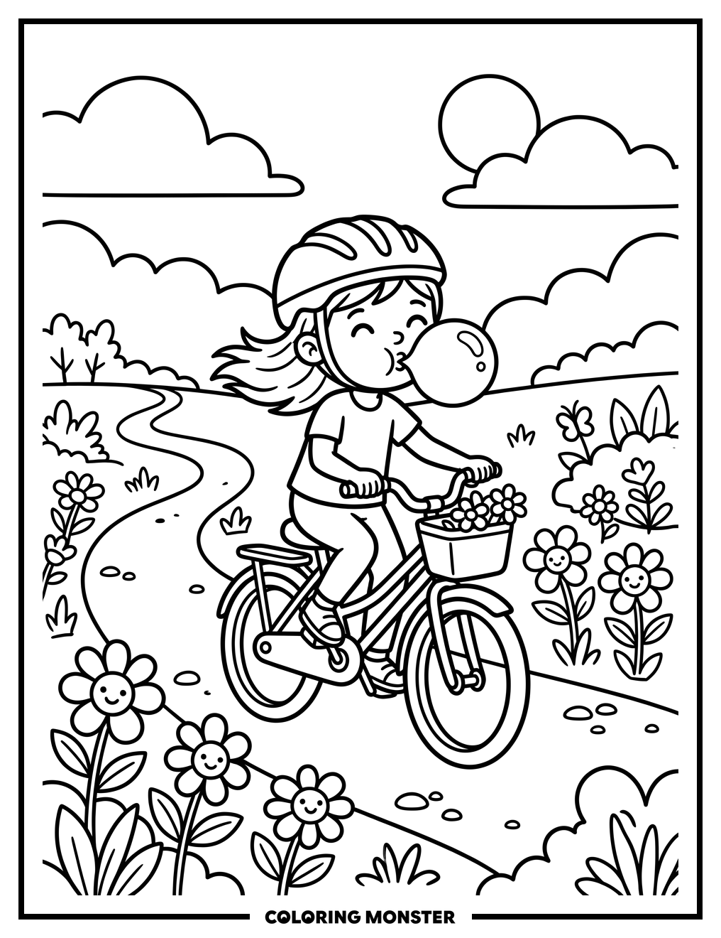 Girl Riding Bicycle With Bubble Coloring Page
