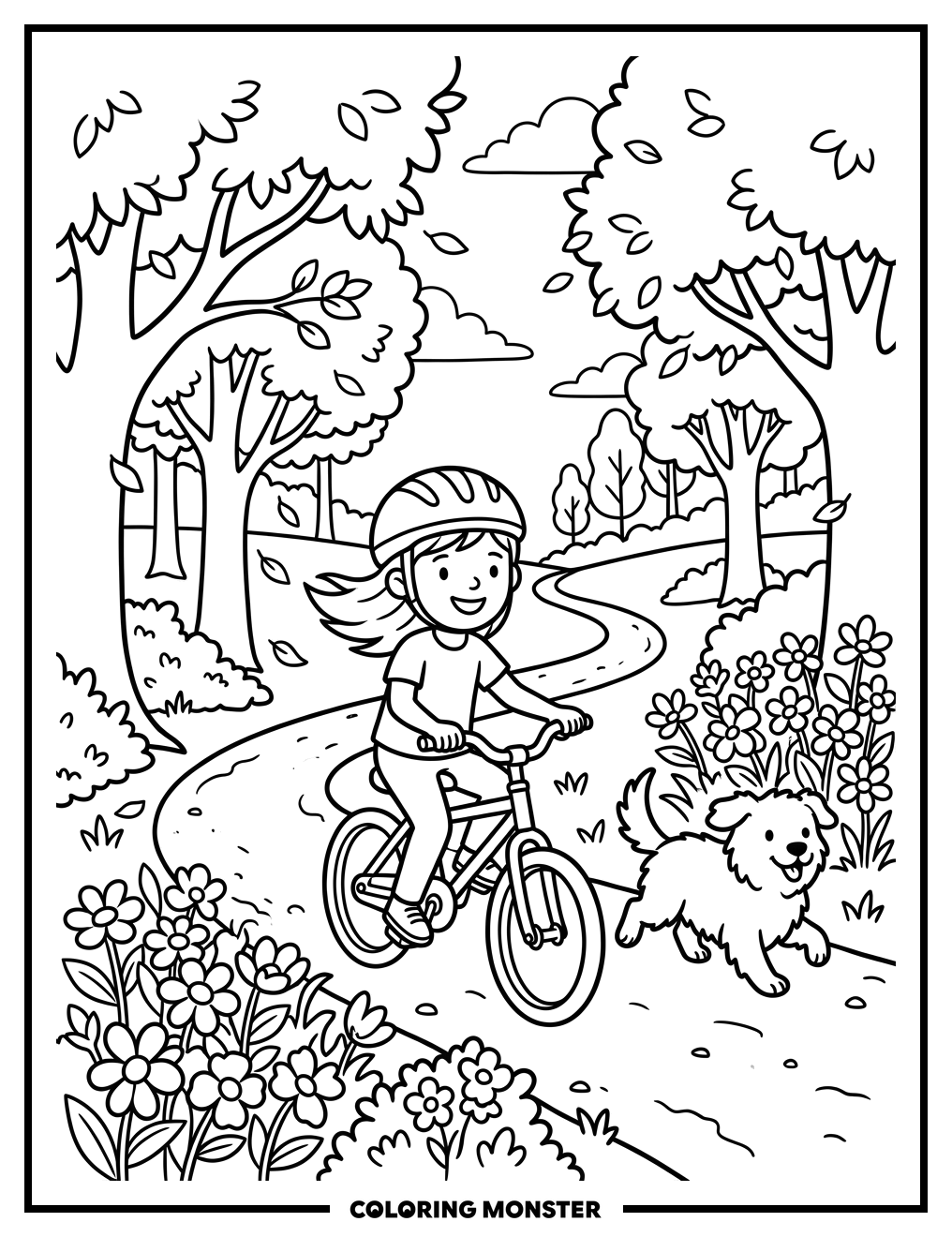 Girl Riding Bicycle With Dog Coloring Page
