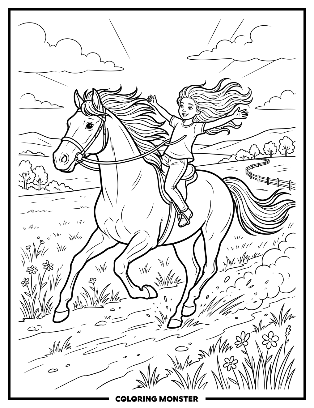 Girl Riding Horse Galloping Coloring Page