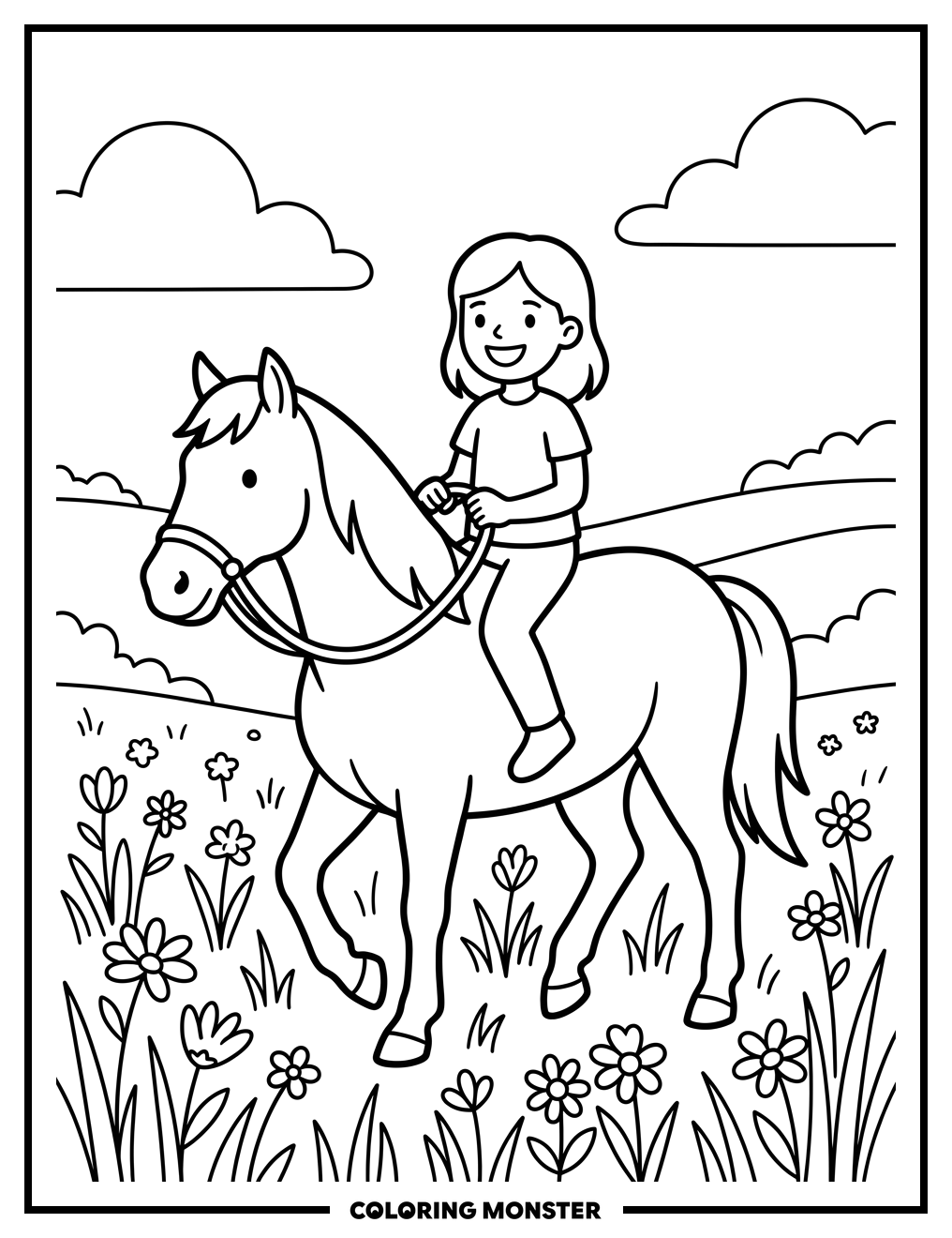 Girl Riding Horse in Meadow Coloring Page