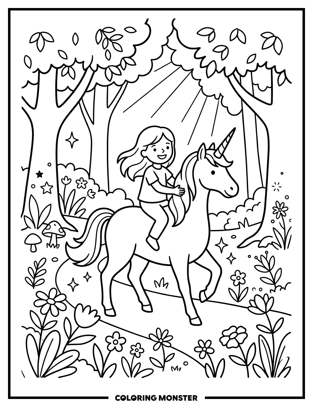Girl Riding Unicorn in Magical Forest Coloring Page